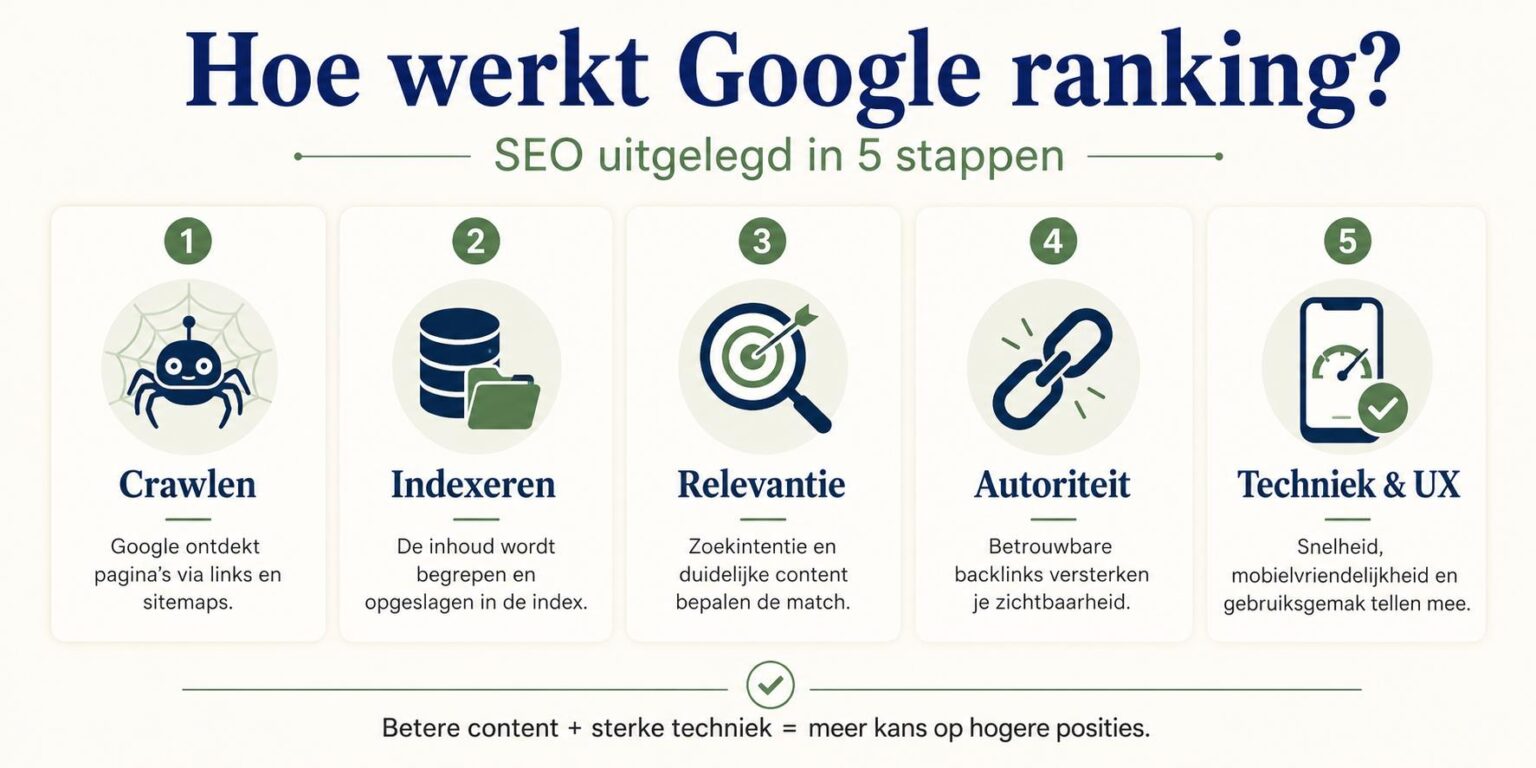 Visuele weergave van Google ranking en SEO-factoren die bepalen welke pagina's bovenaan zoekresultaten verschijnen
